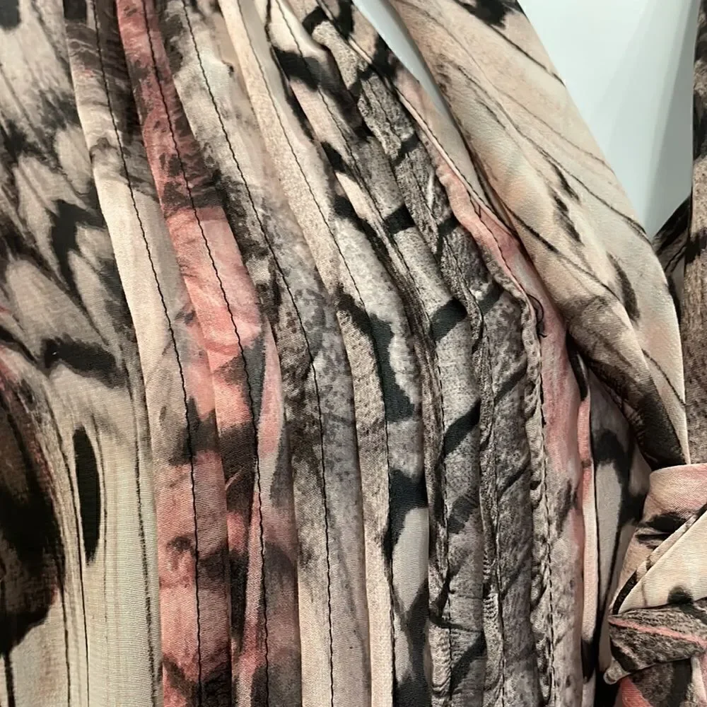 JLo Pink Leopard Print Chiffon Tie Neck Pin tucked Long Sleeve Blouse - Picture 10 of 13